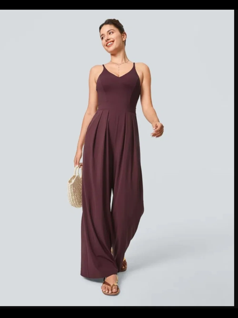 NWT Size Large HALARA Deep Plum V-Neck Wide-Leg Jumpsuit - Picture 2 of 7